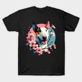 Miniature Bull Terrier Celebrates Spring Cherry Blossoms T-Shirt